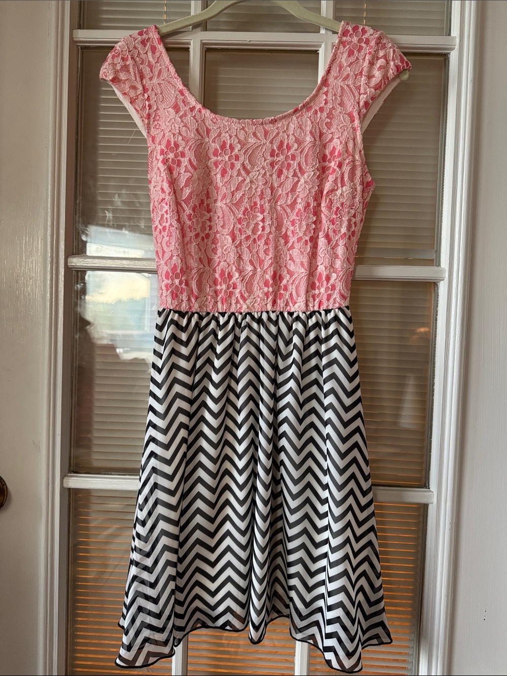Girls Pink Lace Bodice Chevron Skirt Casual Dress